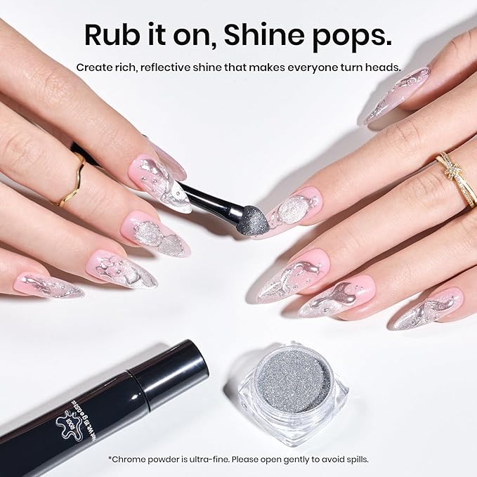Beetles 3D Gel Nail Art, Sculpting Gel 3 in 1 Clear No Wipe Nail Polish Rhinestone Art Glue Gel for Drawing, Molding, Gems and Decoration with Silver Chrome Nail Powder for DIY Nail Designs, 15g