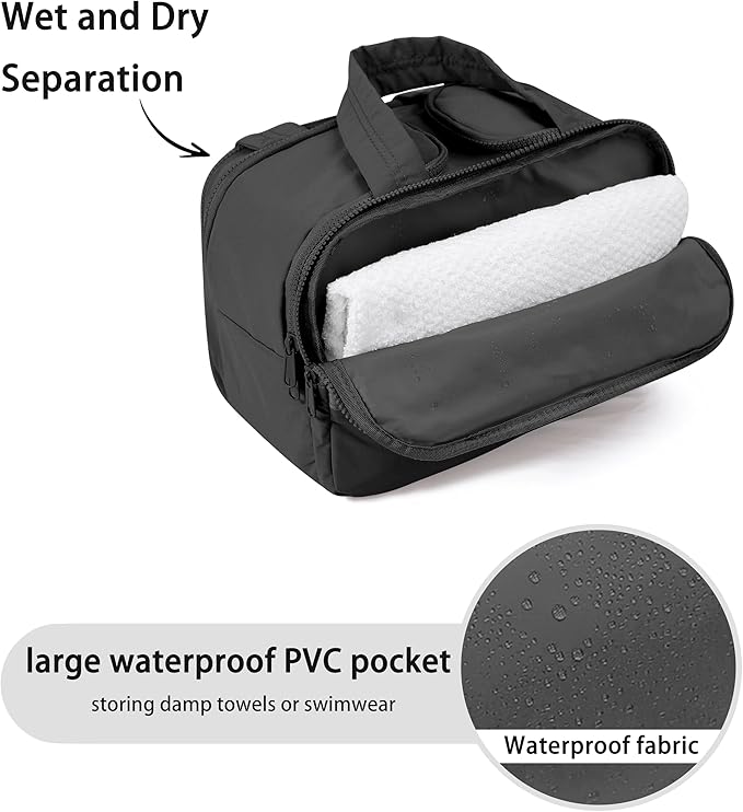 BUZFOWU Travel Toiletry Bag for Women, Large Wide-open Puffy Cosmetic Makeup Bag with Wet-Dry Separation, Multi-Pocket Organizer with Carry Handle for Toiletries, Cosmetics, Essentials, Black