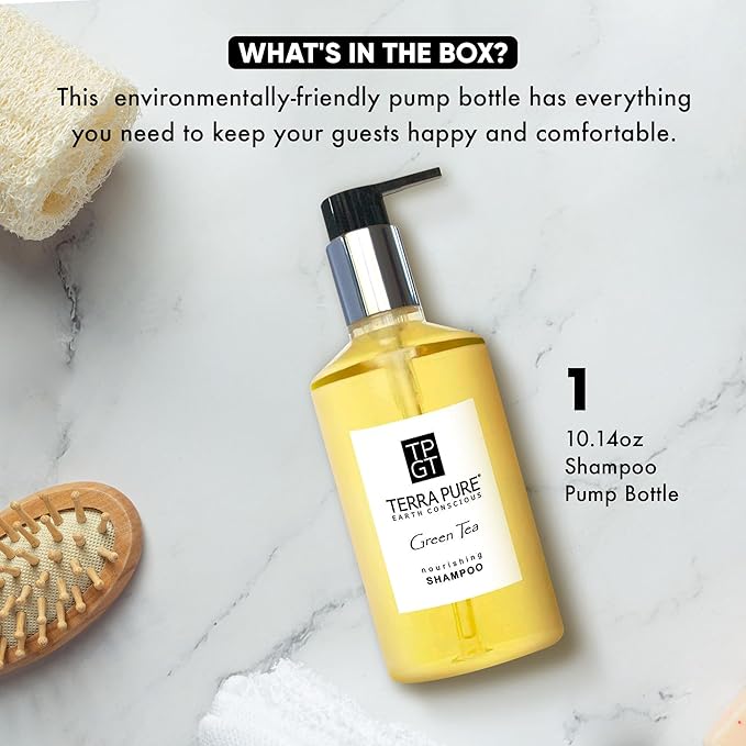 Terra Pure Green Tea Shampoo 10.14oz Pump | Clean Honey and Aloe Vera Formula for Hotels, Resorts and Vacation Rentals | Premium Moisturizing Bath Wash for Guest Amenities and Hospitality Toiletries