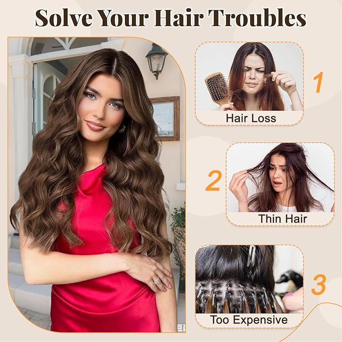 ALXNAN Clip in Long Wavy Synthetic Hair Extension 24 Inch Medium brown 4PCS Thick Hairpieces Fiber Double Weft Hair for Women