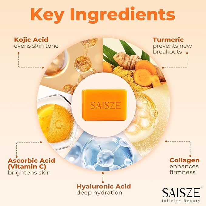 SAISZE Turmeric Soap, Kojic Acid Soap Bar, 4oz x 2 BARS, Dark Spots Remover for Face and Body, Brightening, Hyperpigmentation
