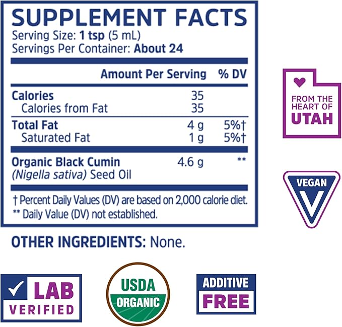 ZHOU Organic Black Seed Oil - Black Cumin Seed Oil Cold Pressed, Nigella Sativa, Pure Unrefined Blackseed Liquid, Premium Supplement for Health with Thymoquinone, Omega 3 6 9-4 Fl Oz (Pack of 1)
