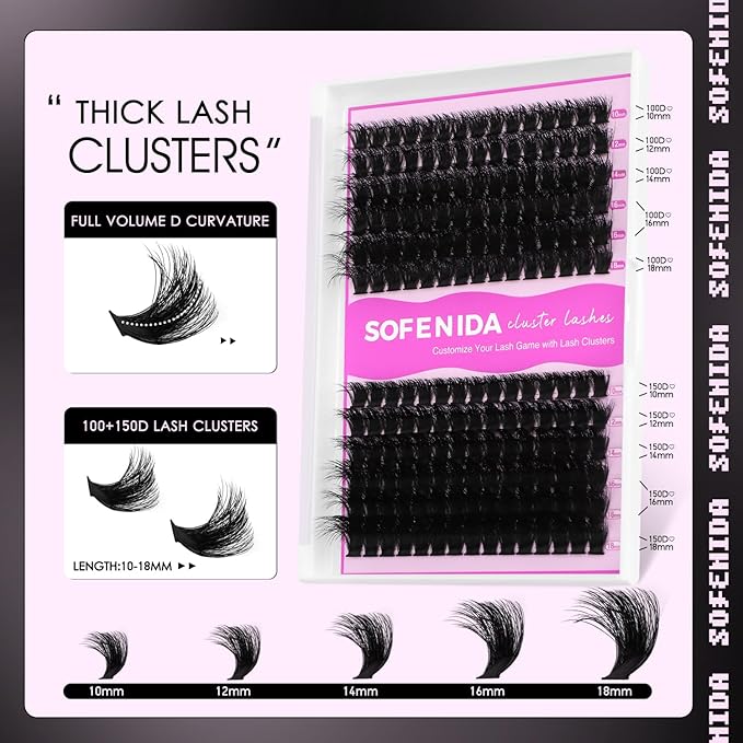 Lash Clusters Eyelash Clusters 100D+150D Thick Volume Cluster Eyelash Extensions D Curly Cluster Lashes 10-18mm Wispy Lash Clusters DIY Lash Extension (100D+150D-10-18MIX Lashes)
