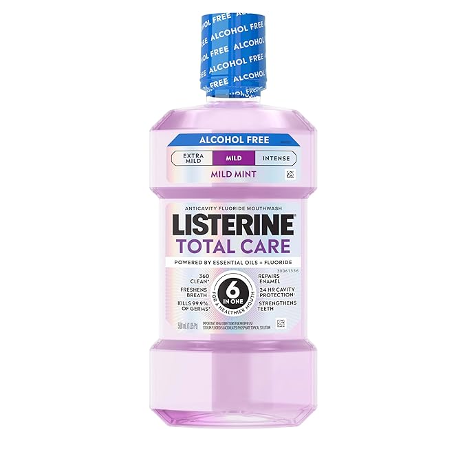 Listerine Total Care Alcohol-Free Mild Mouthwash, 6 Benefit Oral Rinse to Help Kill 99.9% of Germs That Cause Bad Breath, Strengthen Enamel, Mild Mint Flavor, 500 mL