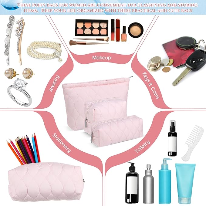 Huhumy 3 Pcs Puffy Makeup Bag Quilted Cosmetic Pouch for Women Cute Water drop Travel Toiletry Bag Puffer Makeup Organizer Purse Pouch Preppy Pencil Case with Zipper(Light Pink)