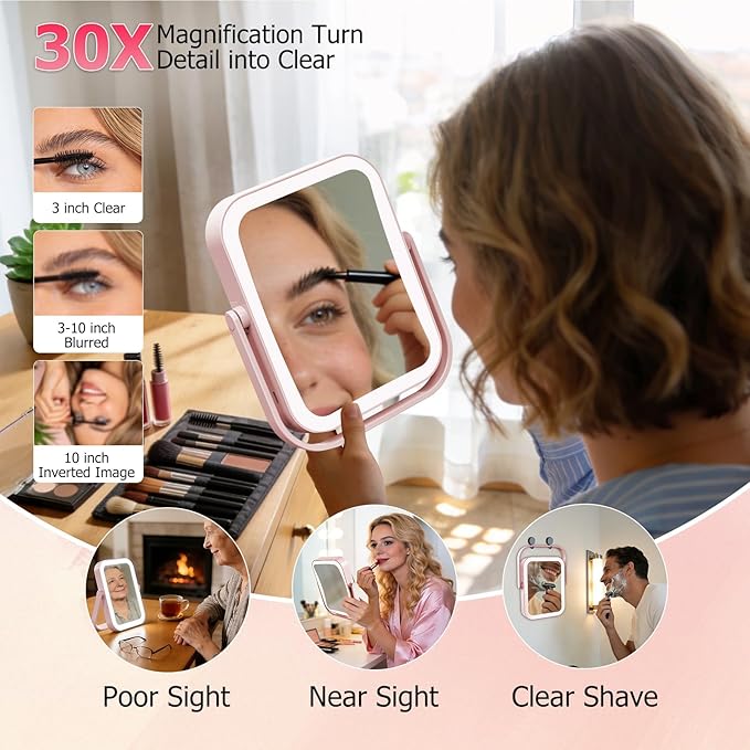 FUNTOUCH 30X/1X Travel Makeup Mirror with Lights, 3000mAh Rechargeable 2-Sided Magnifying Mirror, Portable Vanity Mirror, 3-Color Lighting Dimmable Touch Screen, for Women Gift, Pink