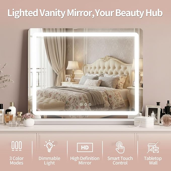 HNV 23"x17.8" Vanity Mirror with Lights, LED Makeup Mirror, Hollywood Lighted Mirror with 3 Color Modes & Adjustable Brightness, Smart Touch Control, White