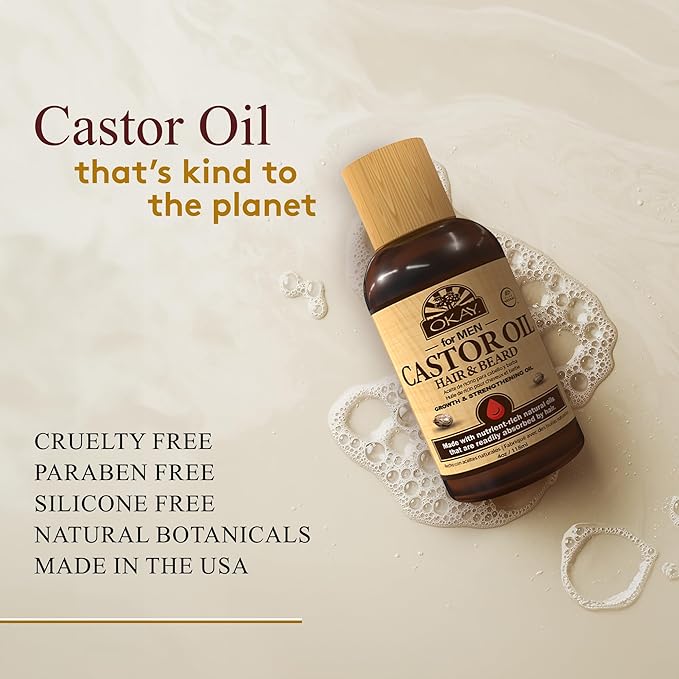 OKAY | Men's Castor Oil Beard and Hair Growth Oil | For All Hair Types & Textures | Stimulates Hair Growth | Readily Absorbed | Free of Silicone & Paraben , Brown , 4 oz