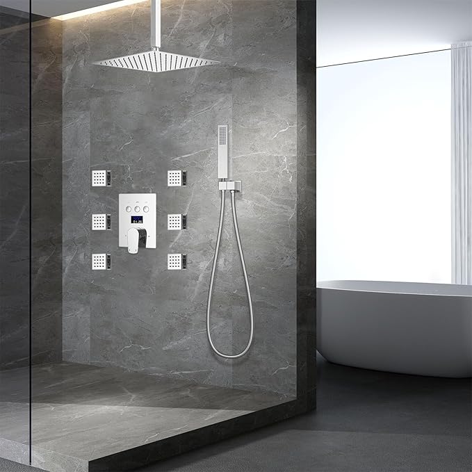 WHSHOWER Digital Display Shower Faucet Set With 12 Inch Rainfall Shower Head,Brass Handheld Sprayer And 6pcs Body Jets,Full Body Shower System (Polished Chrome)