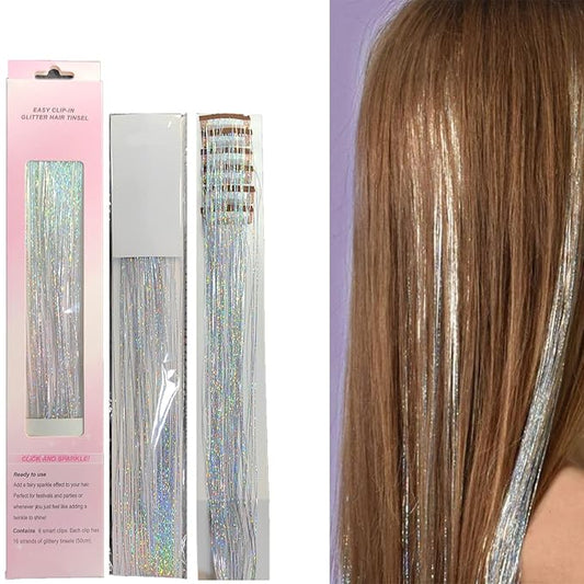 47" Holographic Hair Tinsel Shining Gold Professional Sparkle Heat-Resistant Silk Extensions,Hair Accessories for Girls, Party Hair, Gifts for Girls (6PCs Clip in Hair Tinsel Kit, Shining Silver)