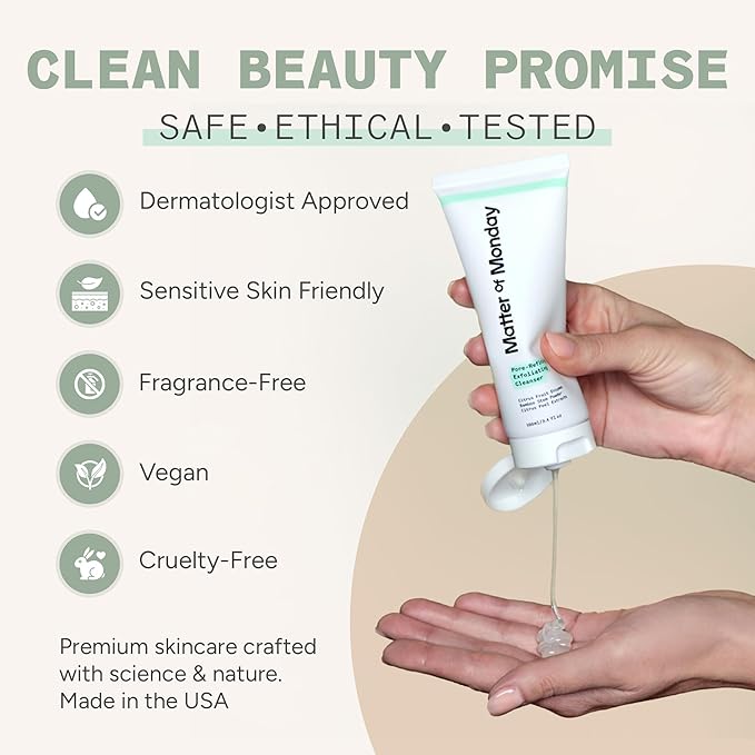 Matter of Monday Pore Minimizing Face Wash - Exfoliating Cleanser with Fruit Enzymes & Bamboo - Daily Facial Cleanser for Oily Acne Prone Skin - Deep Pore Cleanser