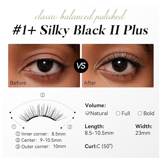 WOSADO Soft Magnetic Eyelashes [No.01 Silky Black II Plus] 23mm with Applicator Kit, Reusable Glue-free Wispy Magnetic Lashes, Cruelty-free False Lashes, Waterproof, Lightweight, Suit for Heavy Makeup