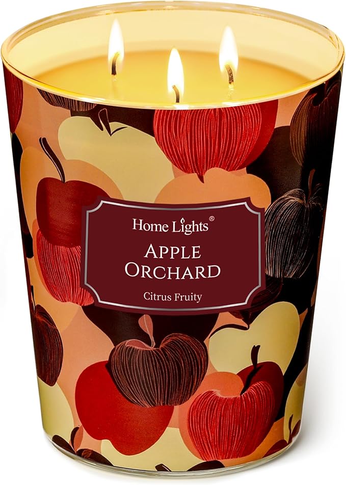 HomeLights Scented Candles | Large Jar 34 Oz Natural Soy Candle | 130 hrs Long-Lasting with 3 Wicks | Eclectic Mixed Styles Home Decor | Gifts for Mom & Women, Apple Orchard