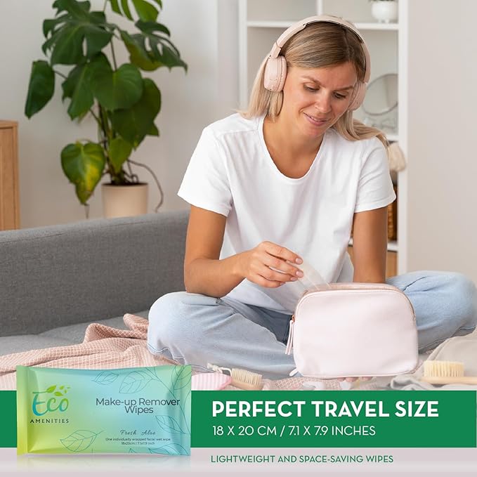 ECO amenities Makeup Remover Wipes Individually Wrapped - Travel Make Up Face Wipes - Individually Wrapped for Women - Singles for Face, Eyes, Lips - Gentle, TSA Friendly - Pack of 500