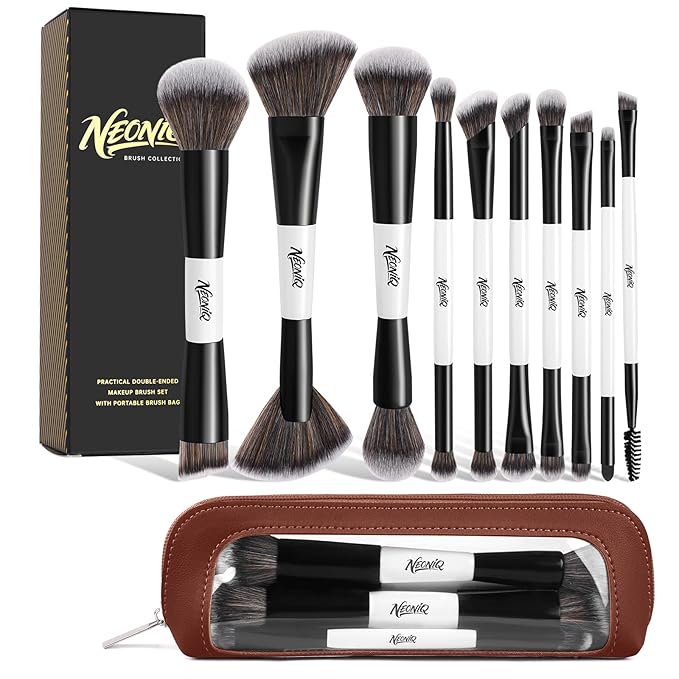 NEONIQ 10 PCS Foundation Contour Conceal Brush Set With Bag, Makeup Brushes, Double-End Multi-functional Brushes for Foundation Powder Blush Eyeliner Eyeshadows, Professional Face Brush Set（White）