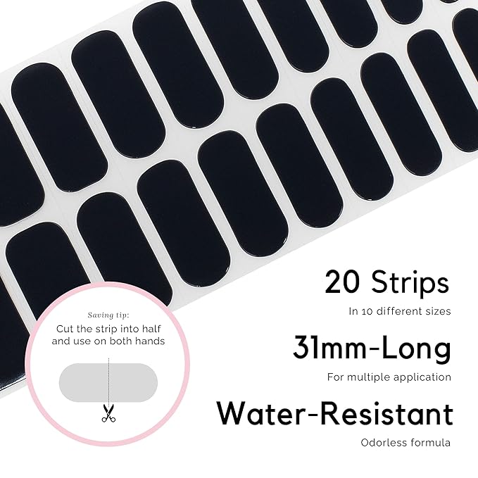 NAILOG Semi Cured Nail Strips (20 Extra Long Gel Nail Strips) │ Glossy & Long Lasting Nail Polish Stickers with Soft Gel Finishing │Noir