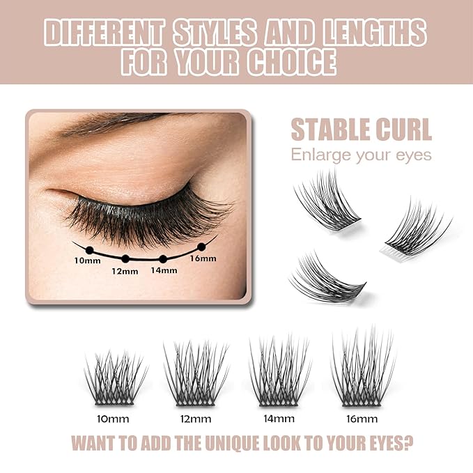 DIY Eyelash Extension, 3D Effect Glue Bonded Band Individual Lash 12 Clusters Volume Lashes Set, Home Eyelash Extension, C curl Lashes Pack (16MM)