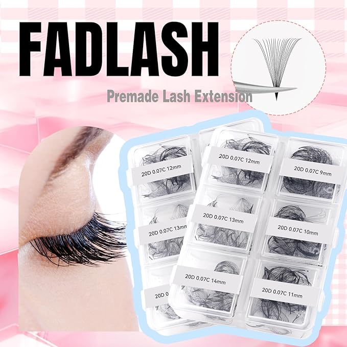 FADLASH Premade Fans Eyelash Extensions 300pcs 20D Premade Lash Fans C Curl Pre Made Fans Lash Extensions Volume Eyelash Extensions Premade Eyelash Fans Loose Fans (20D-0.07C-9-14mm)
