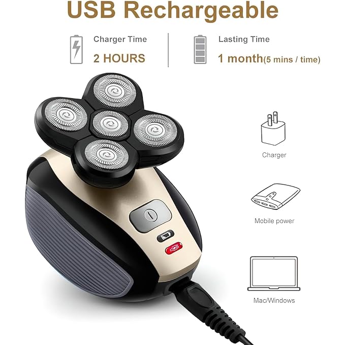 Bald Shavers for Men - Telfun Upgrade 5-in-1 Electric Head Shavers for Bald Men, 100% Waterproof Cordless Razor, Wet/Dry Shaving, 5 Dual Track Heads, Mess-Free Hair Capture