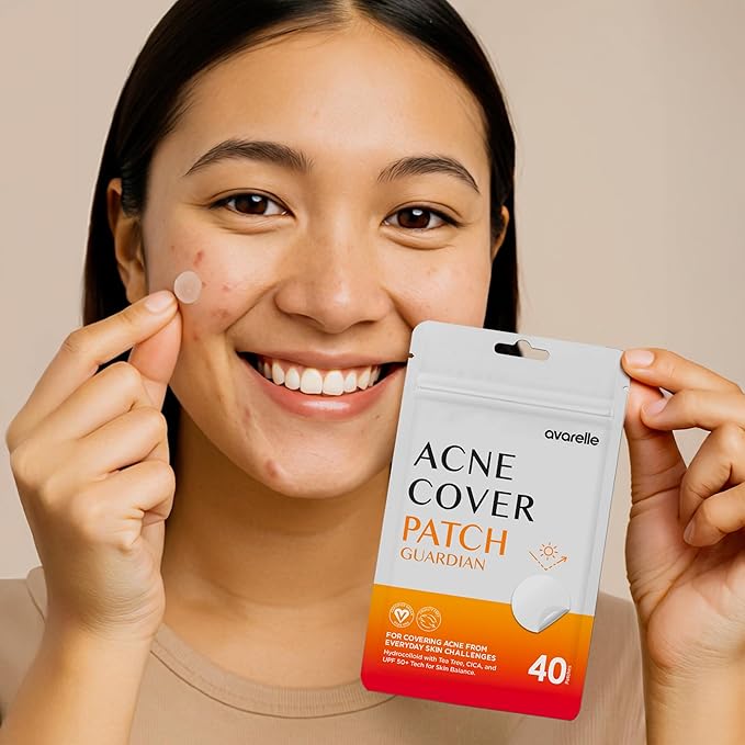 AVARELLE Acne Cover Patch Guardian – Invisible UPF 50+ Daytime Sun Guard Hydrocolloid Pimple Patches with Cica, Tea Tree & Calendula, Smart Acne Patch for Acne-Prone Skin, 40 Count