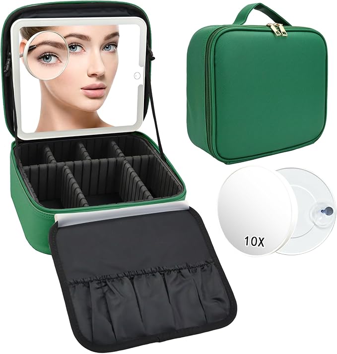 SLUMAZI Travel Makeup Bag with LED Mirror and 10x magnifying glass with 3 Lighted Settings, Adjustable Dividers and Makeup Brush Storage Bag Dark Green