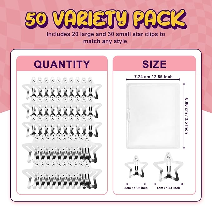 50 Pcs Metal Star Hair Clips Silver, Rave Y2K Accessories for Women Girls Teens, Small Cute Fashion Kawaii Snap Hair Pin Barrettes for Festival Concert 1.22" and 1.61"