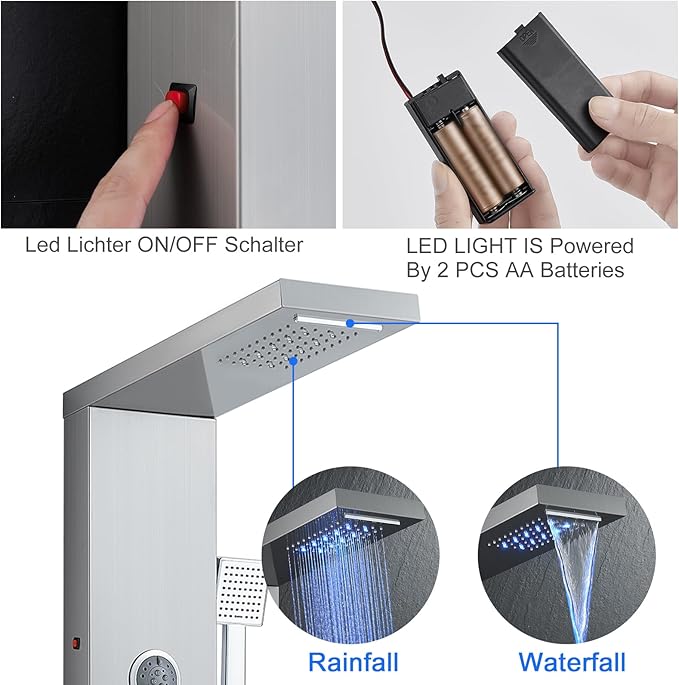 TSIBOMU 5 in 1 Shower Panel Tower System with LED Lights, Rainfall and Waterfall Shower Head, 3 Pcs Adjustable Body Jets, Handheld Shower, Tub Spout (Brushed Nickel)