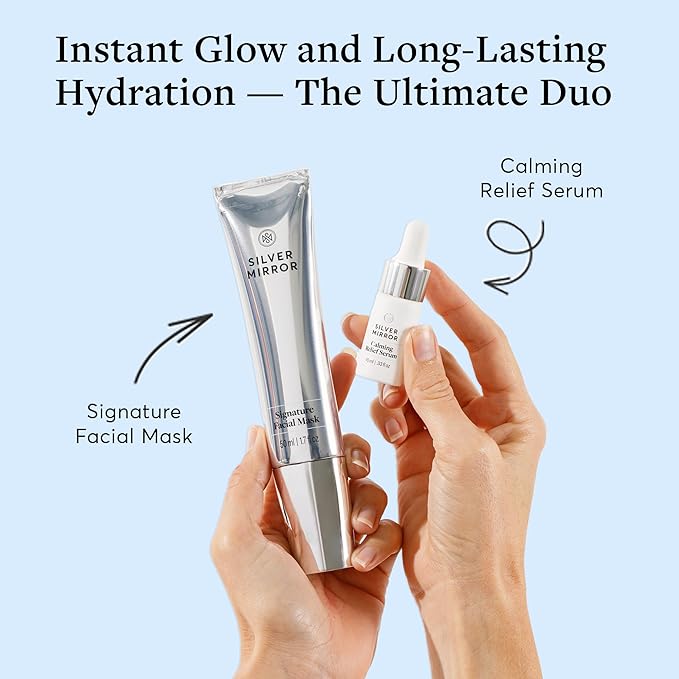 Silver Mirror Signature Facial Mask (1.7 fl oz) & Serum (0.33 fl oz), Skin Care Set, 2-Step Face Tightening and Lifting Skincare, Anti Wrinkle, with Hyaluronic Acid, for Instant Face Lift