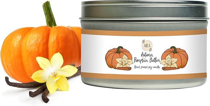 Aira Fall Soy Candles - Organic, Kosher, Vegan, Tin Candle w/Aromatherapy Essential Oil Blends - Hand-Poured 100% Soy Candle Wax - Paraffin Free, Burns 60+ Hours - Autumn Pumpkin Butter - 8 Ounces