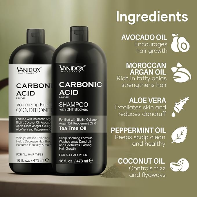 VANIDOX Carbonic Acid Shampoo and Conditioner for Men and Women, Deep Moisturizing Conditioner, Thickens, Softens, & Smooths Set for Hair Growth and Repair, Made in USA - 16 Fl Oz Each