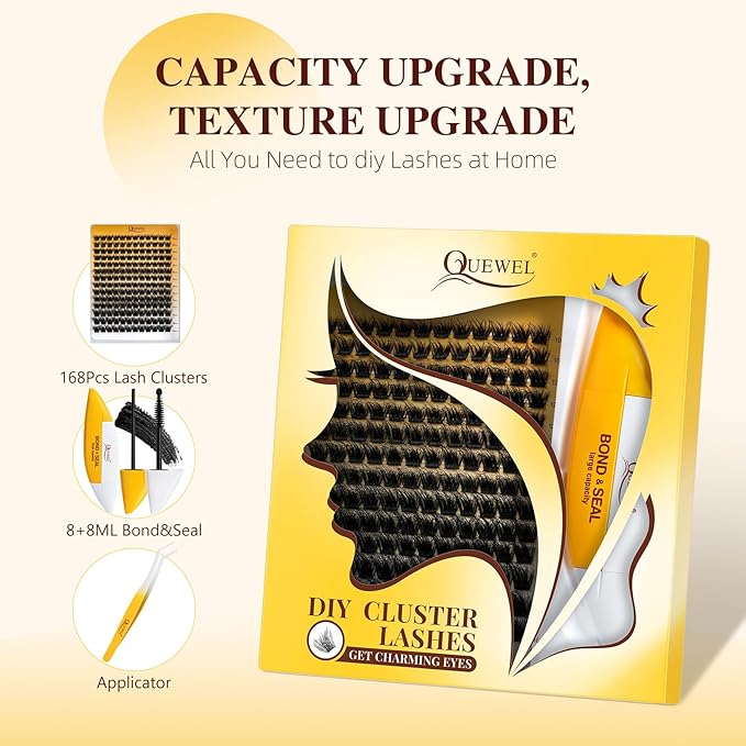 QUEWEL Lash Clusters Kit, Cluster Lashes Kit Includes 168 Pcs Lash Clusters with Large Capacity 16ml Bond and Seal, Lash Applicator Easy to Use for Beginners at Home (3D-MIX10-18 Kit)
