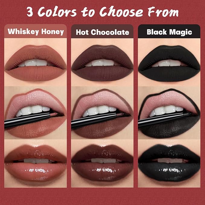 QiBest 3-in-1 Lipstick Set for Women & Teen Girls, Matte Liquid Lipstick + Lip Gloss + Gel Lip Liner Pencil Trio Lip Gift Kit for 24 Hours Long Lasting & Waterproof Lip Makeup (Whiskey Honey)
