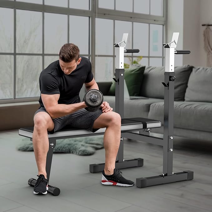 Adjustable Weight Bench Press with Squat Rack Folding