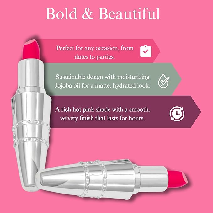 Hickey Lipstick Set - Walk of Shame (Hot Pink), Refillable Silver Case with Chain, Satin Pouch & Ribbon (Wearable Necklace), Long Lasting Hydrating Velvet Finish Lipstick for Women, Vegan, Gluten-Free