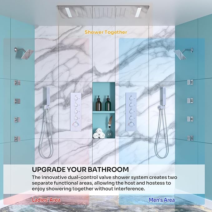 HOMEDEC Dual Shower Faucet Set for Couples, LED 14x20" & 6" Side Shower Heads, 4-Way Diverter Valves, Shower System with Body Jets & Handheld, Chrome