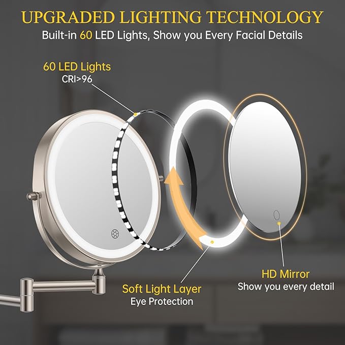 FUNTOUCH 3X/20X Wall Mounted Lighted Makeup Mirror,5000mAh Rechargeable Double Sided Magnifying Bathroom Mirror with Lights,3 Color Lighting,Touch Dimmable,Extended Arm 360 Rotation Light up Mirrors