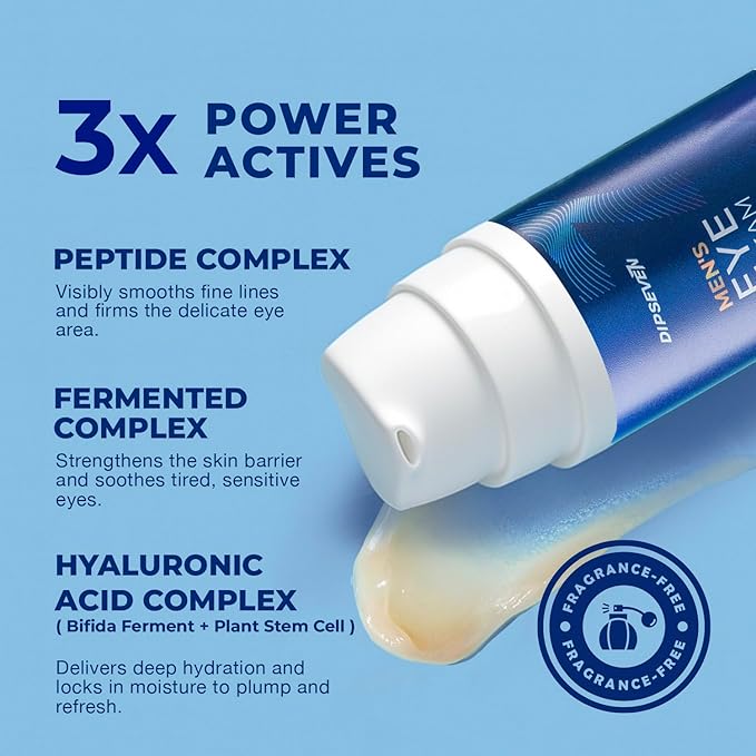 DIPSEVEN Mens Eye-Bags Treatment Cream: Under Eye Repair for wrinkles Baggy Puffiness and Dark Circles - Anti-aging Hydrating with Peptides + Hyaluronic Acid + Niacinamide + Botanical complex+VC
