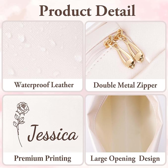 Fincekoom Valentines Day Gifts for Her Teen Girls, Personalized Makeup Bag with Name & Birth Flower, Custom Leather Cosmetic Bags for Women, Customized Travel Toiletry Bag Gifts for Bridesmaid Wedding