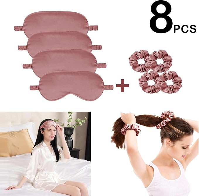 Satin Eye Mask 8Pcs Silk Sleep Masks Silky Blindfold Eyeshade Blackout Eyes Cover Scrunchies Hair Ties Travel Wedding Gifts