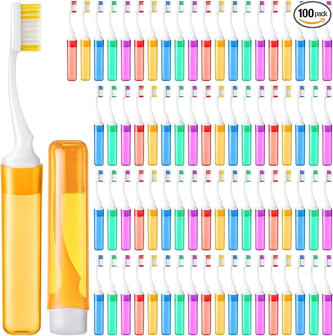 Thenshop 100 Pack Travel Toothbrush Bulk Mini Foldable Tooth Brush with Case, Soft Bristle, Individually Wrapped, Portable Size for Traveling Camping Hiking, 5 Colors