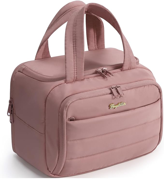 Bagstellar Travel Toiletry Bag, Lightweight Wide-open Large Puffy Toiletry Bag for Women, Quilted Makeup Bag Organizer Water-resistant Cosmetic Bag with Handle for Toiletries, Essentials, Accessories