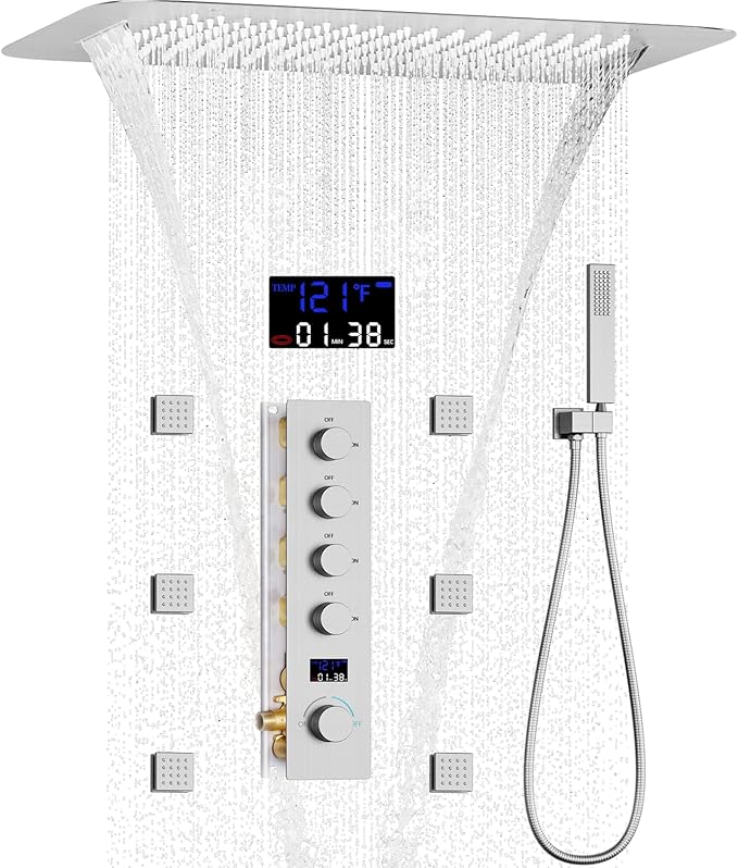 AYIVG Brushed Nickel Thermostatic Rainfall Full Body Shower System With 2 In 1 Waterfall Rainfall Ceiling Mount 16 X 24 Inch Rain Shower Head 6 Jets Temperature Display Shower Faucet Set