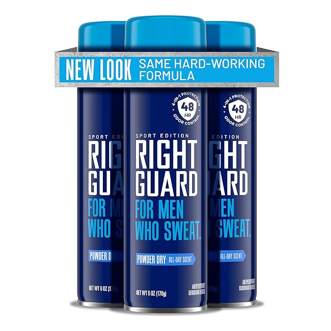 Right Guard Sport Powder Dry Scent Antiperspirant & Deodorant Spray - 4-in-1 Protection Spray Deodorant For Men, Blocks Sweat, 48-Hour Odor Protection, Quick-Drying, & Long-Lasting, 6oz (3 Pack)