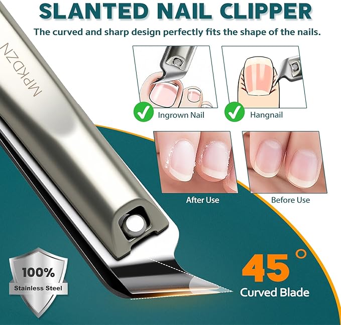 Pro 5-in-1 Nail Clippers Set for Men & Women. Ultra Sharp Stainless Steel Manicure Kit w/Angled Trimmer in Luxury Leather Case. Travel & Home Use