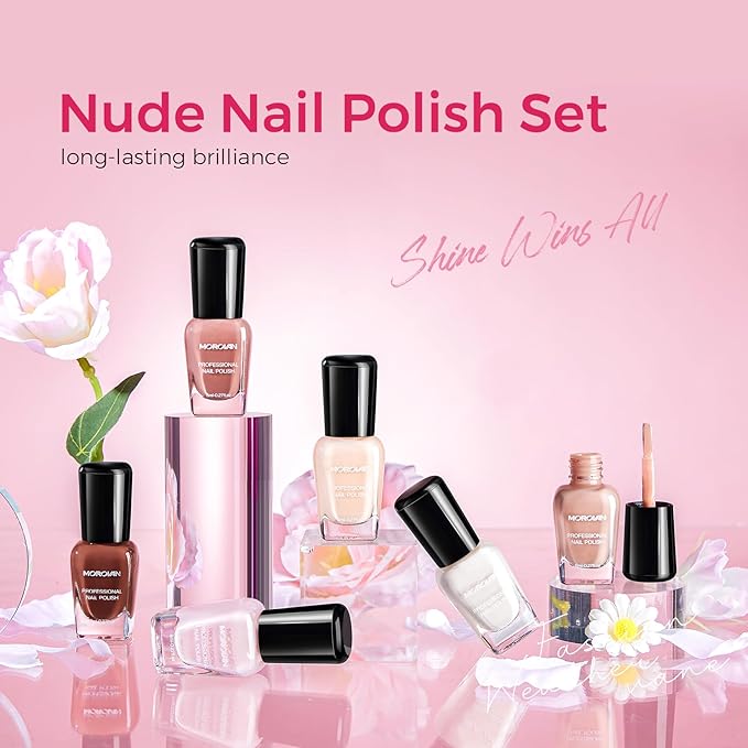 Morovan Nude Nail Polish Set: 6PC Neutral Pink Milky Skin Color Nail Polish Kit Pale Beige Cream Taupe Tan Brown Natural Mini Summer Manicurist Beautify Women Girls Gift