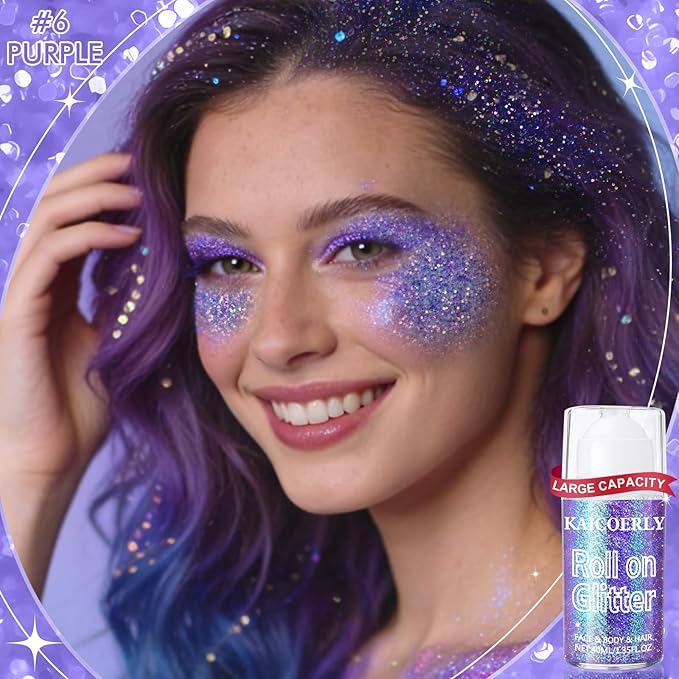 Roll-on Holographic Body Glitter Gel for Women, Sparkle Chunky Glitter Makeup for Christmas New Year Festival Halloween Party Rave, Face Glitter Makeup for Face Body Hair Lips (Purple)