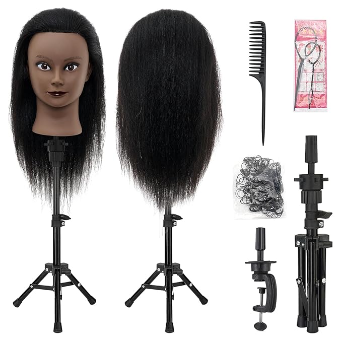 Mannequin Head 100% Real Hair,14”-16” Braiding Mannequin Head with Stand&Table Clamp,Real Hair Cosmetology Manikin Head with Mannequin Head Stand