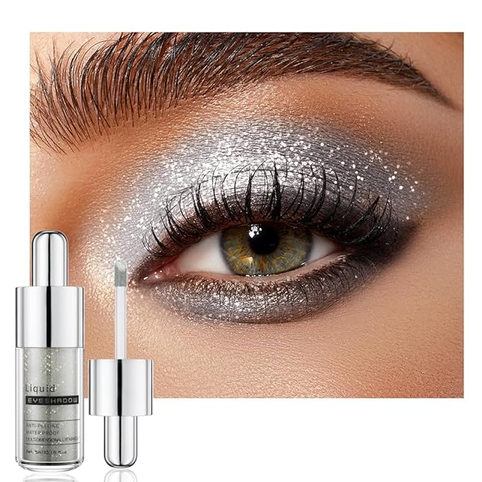 Silver Glittering Shimmer Liquid Eyeshadow, Longwear Waterproof Lightweight Eye Shadow Cream, Buildable Blendable Eye Makeup, Vegan Cruelty-Free Paraben-Free for Older Women Stage makeup 01#