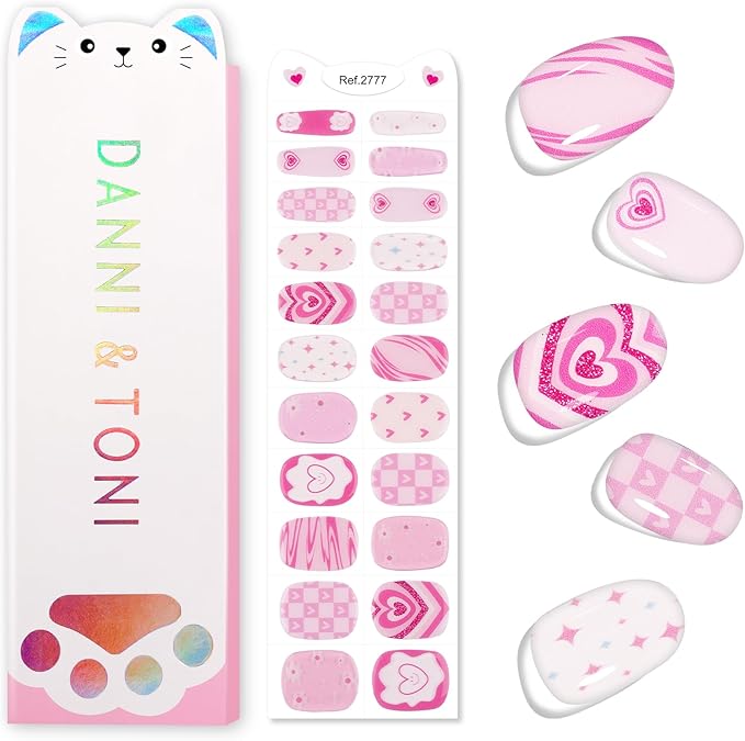 DANNI & TONI Kids Gel Nail Strips Heart Smiling Face Stars Flowers Salon-Quality Peel & Stick Manicure for Children (Age 6+)– Safe, Long-Lasting, Easy to Apply |Heart Glitz