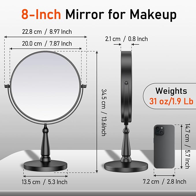30X Magnifying Mirror, Vanity Mirror Tabletop for Women, Metal Makeup Mirror with Magnification, Desk Mirror with Stand for Home & Office Decoration, Great Gift Option, 8 Inch, Black